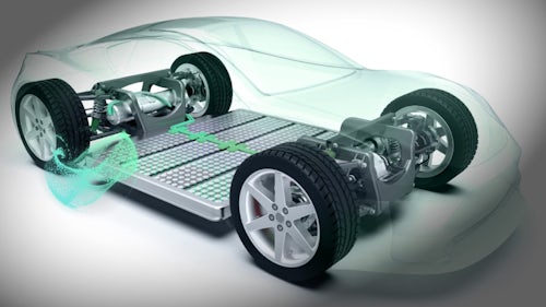 推進装置である電動パワートレイン・プラットフォームを強調するようにボディを透明にした電気自動車